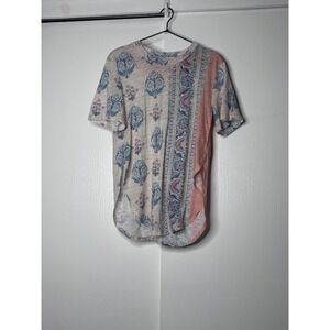 Anthropologie Postmark Floral Paisley Mixed Media Tee Peach Blue XS